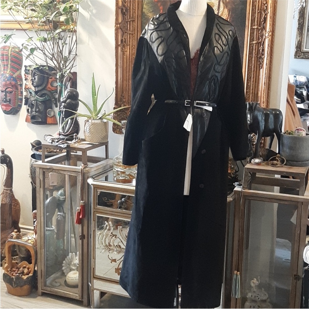 Suede Maxi Coat with Leather Accents